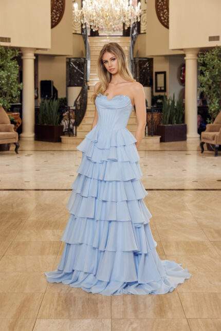 MULTILAYERED LONG BALL GOWN SEQUINED BUSTLINE