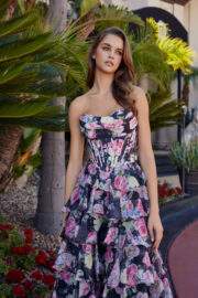 FLORAL PRINT LONG A LINE GOWN STRAPLESS SWEETHEART BUSTLINE