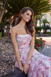 FLORAL PRINT A LINE GOWN STRAIGHT ACROSS PLEADED BUSTLINE