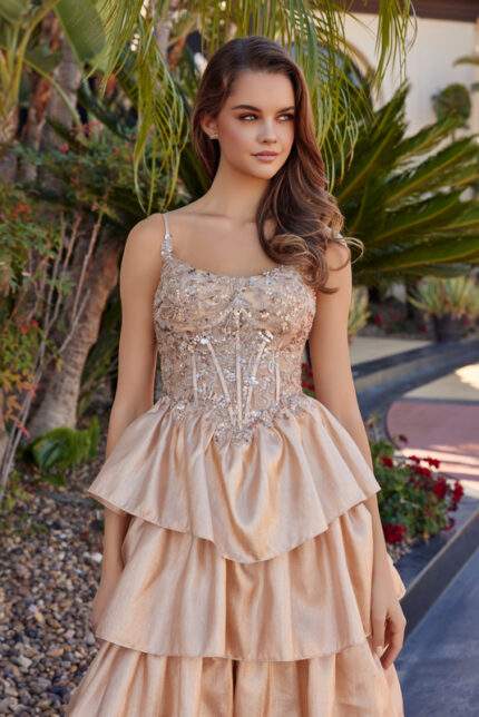 SHINY ORGANZA SCOOP BUSTLINE FULLY SEQUINED BODICE