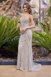 STRAPLESS BEADED GOWN WITH PEAKED NECKLINE AND LACE UP BACK - Image 2