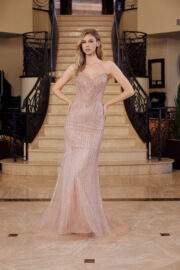 STRAPLESS BEADED TULLE GOWN PEAKED NECKLINE LACE UP CLOSURE - Image 6