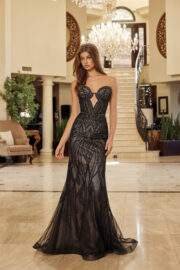 FITTED BEADED TULLE STRAPLESS KEYHOLE BODICE LACE UP CLOSURE