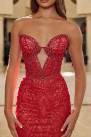 FITTED BEADED TULLE STRAPLESS KEYHOLE BODICE LACE UP CLOSURE - Image 6