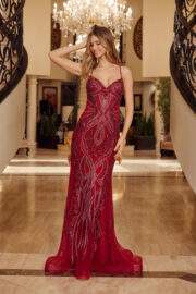 PEAKED NECKLINE BEADED TULLE LACE UP CLOSURE SPAGHETTI STRAP - Image 12