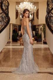 PEAKED NECKLINE BEADED TULLE LACE UP CLOSURE SPAGHETTI STRAP - Image 3