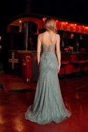 FITTED BEADED EMBELLISHMENTS PEAKED NECKLINE THIGH HIGH SLIT - Image 2