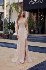 FITTED BEADED EMBELLISHMENTS PEAKED NECKLINE THIGH HIGH SLIT - Image 8