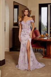 OFF SHOULDER SILHOUETTE EMBROIDERED BODICE THIGH HIGH SLIT - Image 7