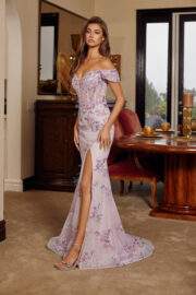 OFF SHOULDER SILHOUETTE EMBROIDERED BODICE THIGH HIGH SLIT - Image 6