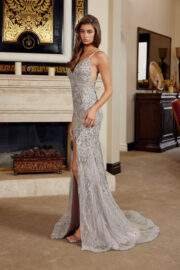 FITTED TULLE FULLY EMBELLISHED DEEP V NECKLINE LACE UP BACK - Image 3