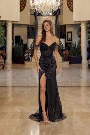 OFF SHOULDER FULLY BEADED FITTED GOWN WITH A THIGH HIGH SLIT - Image 5