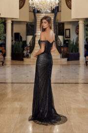 OFF SHOULDER FULLY BEADED FITTED GOWN WITH A THIGH HIGH SLIT - Image 6