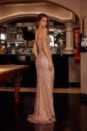 OFF SHOULDER FULLY BEADED FITTED GOWN WITH A THIGH HIGH SLIT - Image 8