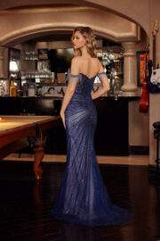 OFF SHOULDER FULLY BEADED FITTED GOWN WITH A THIGH HIGH SLIT - Image 4