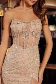 STRAPLESS TULLE MATERIAL FULL SEQUIN DRESS SCOOP BUSTLINE - Image 3