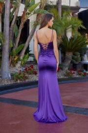 FITTED STRETCH SATIN DRAPED NECKLINE THIGH SLIT LACE UP BACK - Image 7