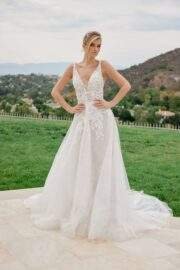 A LINE TULLE GOWN SEQUINED LACE ZIPPER BACK CHAPEL TRAIN
