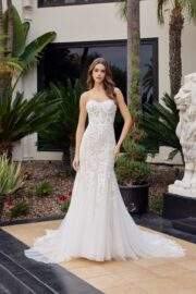 STRAPLESS MERMAID GOWN FLORAL LACE AND BEADED APPLIQUE