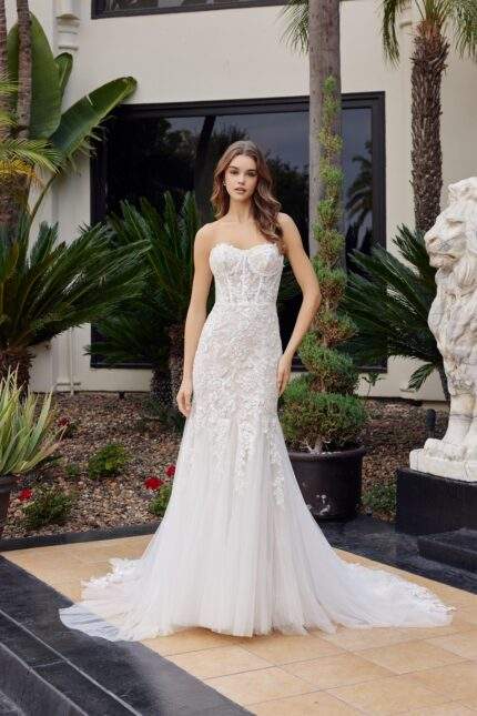 STRAPLESS MERMAID GOWN FLORAL LACE AND BEADED APPLIQUE