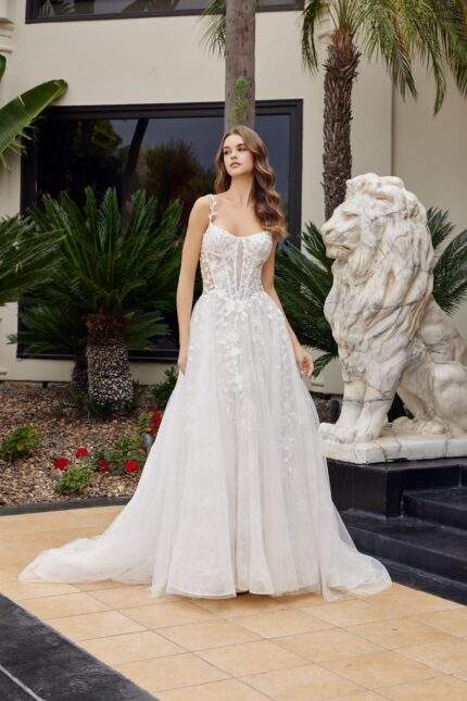 A LINE TULLE GOWN ILLUSION SIDE PANELS APPLIQUE STRAPS