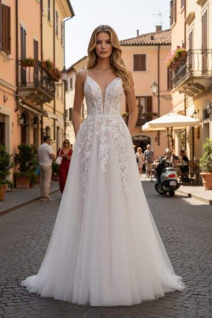 LACE A LINE GOWN APPLIQUE CHAPEL TRAIN V SWEETHEART NECKLINE