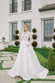 ILLUSION LONG SLEEVE DEEP V NECKLINE A LINE CHAPEL TRAIN - Image 2