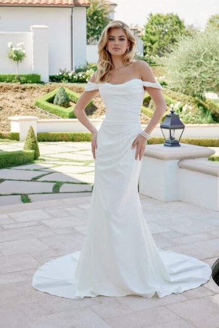 OFF SHOULDER SLEEVES SWEETHEART NECKLINE CHAPEL TRAIN