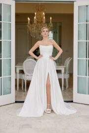 SATIN A LINE GOWN STRAPLESS NECKLINE PLEATED SKIRT AND TRAIN