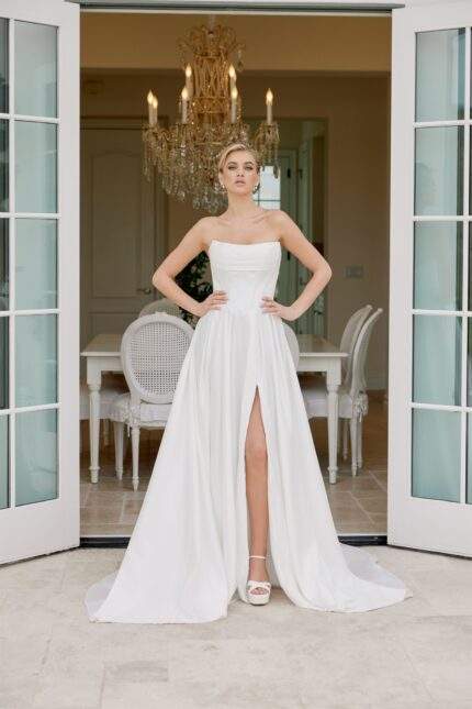 SATIN A LINE GOWN STRAPLESS NECKLINE PLEATED SKIRT AND TRAIN