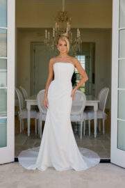 STRAPLESS STRETCH SATIN GOWN BONED BODICE PLEATED WAIST TRAIN SHEATH