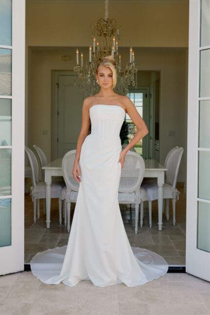 STRAPLESS STRETCH SATIN GOWN BONED BODICE PLEATED WAIST TRAIN SHEATH
