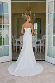 STRAPLESS STRETCH SATIN GOWN BONED BODICE PLEATED WAIST TRAIN SHEATH - Image 2