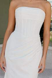 STRAPLESS STRETCH SATIN GOWN BONED BODICE PLEATED WAIST TRAIN SHEATH - Image 3