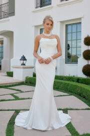 FITTED GOWN COWL NECKLINE FULL LENGTH BUTTONS CHAPEL TRAIN