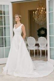 SATIN A LINE V NECKLINE APPLIQUE BODICE BUTTON DOWN BACK
