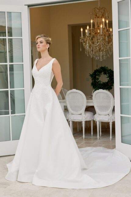 SATIN A LINE V NECKLINE APPLIQUE BODICE BUTTON DOWN BACK