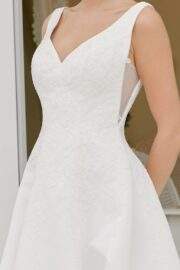SATIN A LINE V NECKLINE APPLIQUE BODICE BUTTON DOWN BACK - Image 3