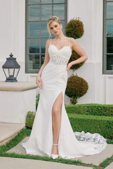 SWEETHEART NECKLINE BONED BODICE LEG SLIT PARTIAL LACE TRAIN