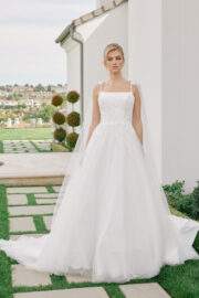 A LINE TULLE GOWN STRAIGHT NECKLINE FLOATING TULLE SLEEVES