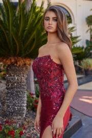 STRAPLESS SEQUIN APPLIQUE ILLUSION BODICE DARING THIGH SLIT - Image 8