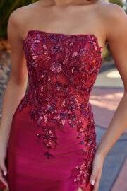 STRAPLESS SEQUIN APPLIQUE ILLUSION BODICE DARING THIGH SLIT - Image 5