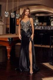 RHINESTONE EMBELLISHED BODICE HEATSTONE STRETCH SATIN FABRIC