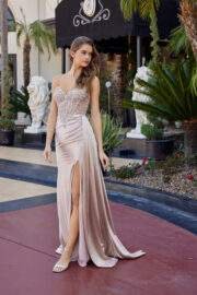 RHINESTONE EMBELLISHED BODICE HEATSTONE STRETCH SATIN FABRIC - Image 4