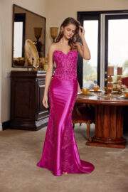 SATIN STRAPLESS SHEER ILLUSION CUTOUTS FROM HIPS TO HEM