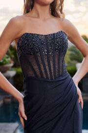 STRAPLESS BEADED NECKLINE BONED BODICE SHIMMER STRETCH SATIN - Image 7