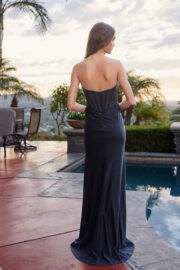STRAPLESS BEADED NECKLINE BONED BODICE SHIMMER STRETCH SATIN - Image 6