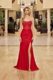 STRAPLESS BEADED NECKLINE BONED BODICE SHIMMER STRETCH SATIN - Image 5