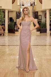 STRAPLESS BEADED NECKLINE BONED BODICE SHIMMER STRETCH SATIN - Image 2