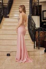 DEEP V NECKLINE FITTED BODICE THIGH SPLIT SPAGHETTI STRAPS - Image 3